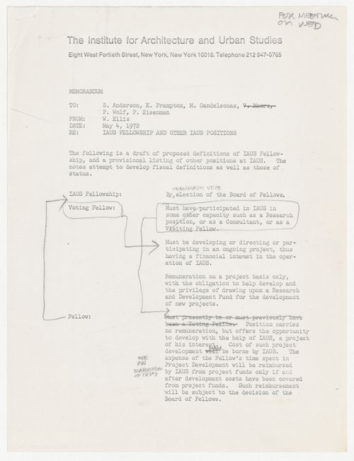 Draft proposal of definitions for IAUS Fellowship program with annotations by Peter D. Eisenman