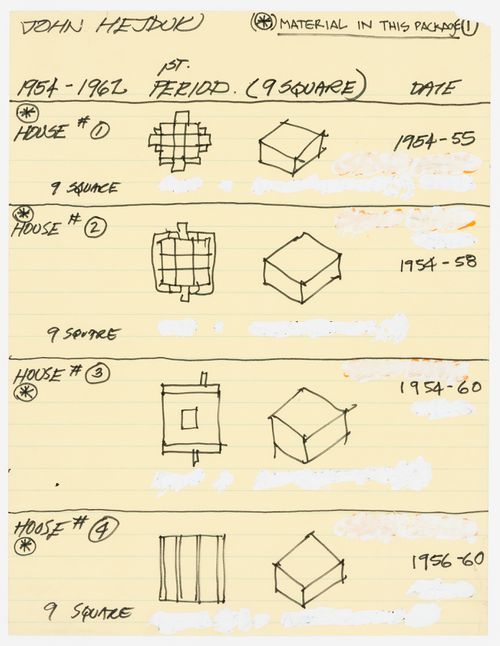 List of projects by John Hejduk. Sheet 1: 1954-1962 (1st period): House #1, House #2, House #3 and House #4