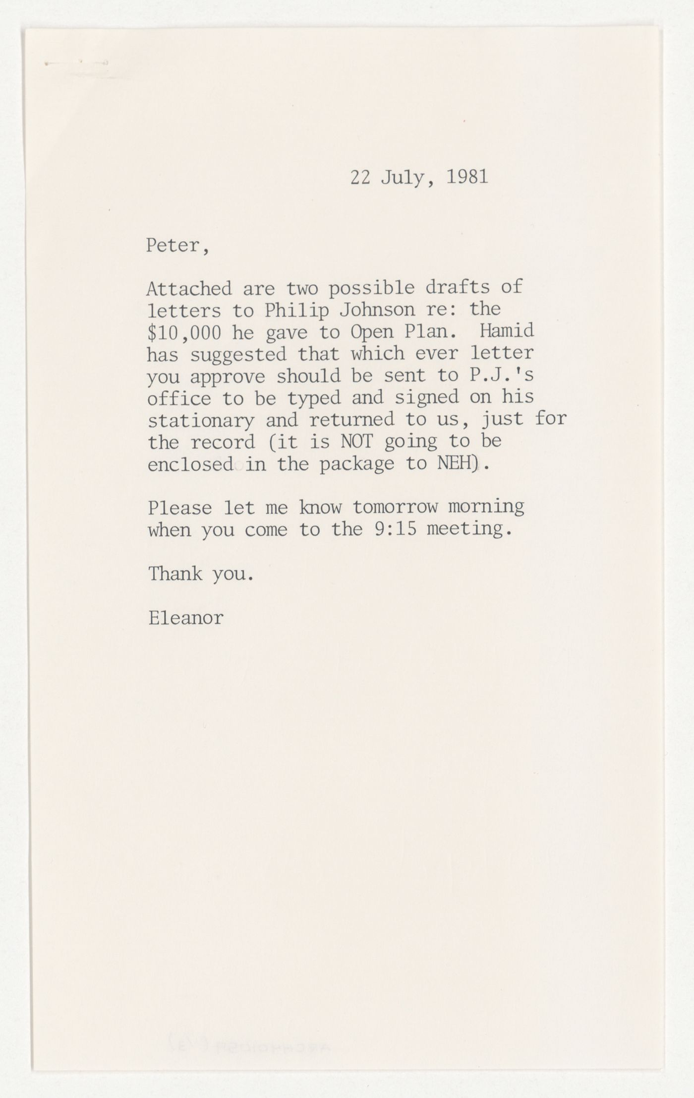 Note from Eleanor F. Earle to Peter D. Eisenman with attached draft letters from Philip Johnson to Peter D. Eisenman about a donation