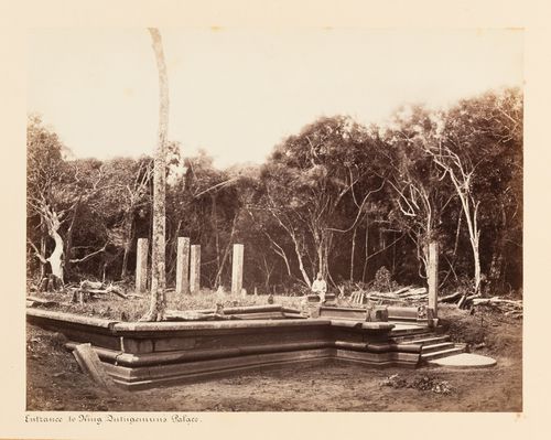 View of a pavilion and moonstone, King Mahasen's Palace, Anuradhapura, Ceylon (now Sri Lanka)