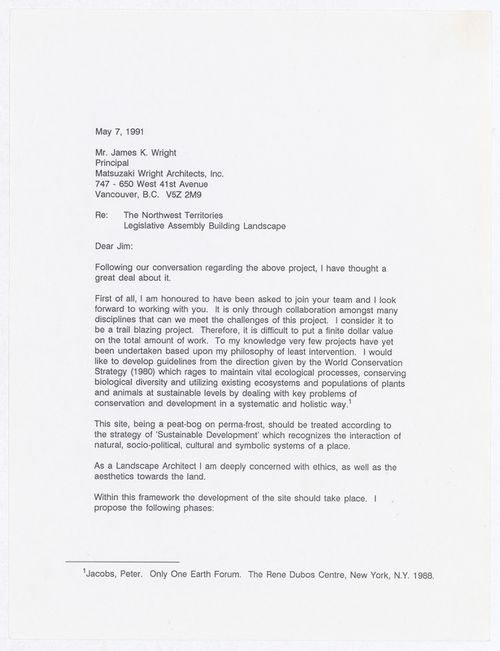 Letter from Cornelia Hahn Oberlander to James Wright regarding collaboration on Northwest Territories Legislative Assembly Building landscape, Yellowknife