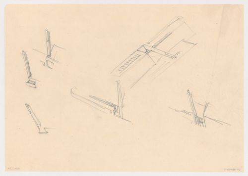 Partial bird's-eye sketch axonometrics for the church for Kiefhoek Housing Estate, Rotterdam, Netherlands
