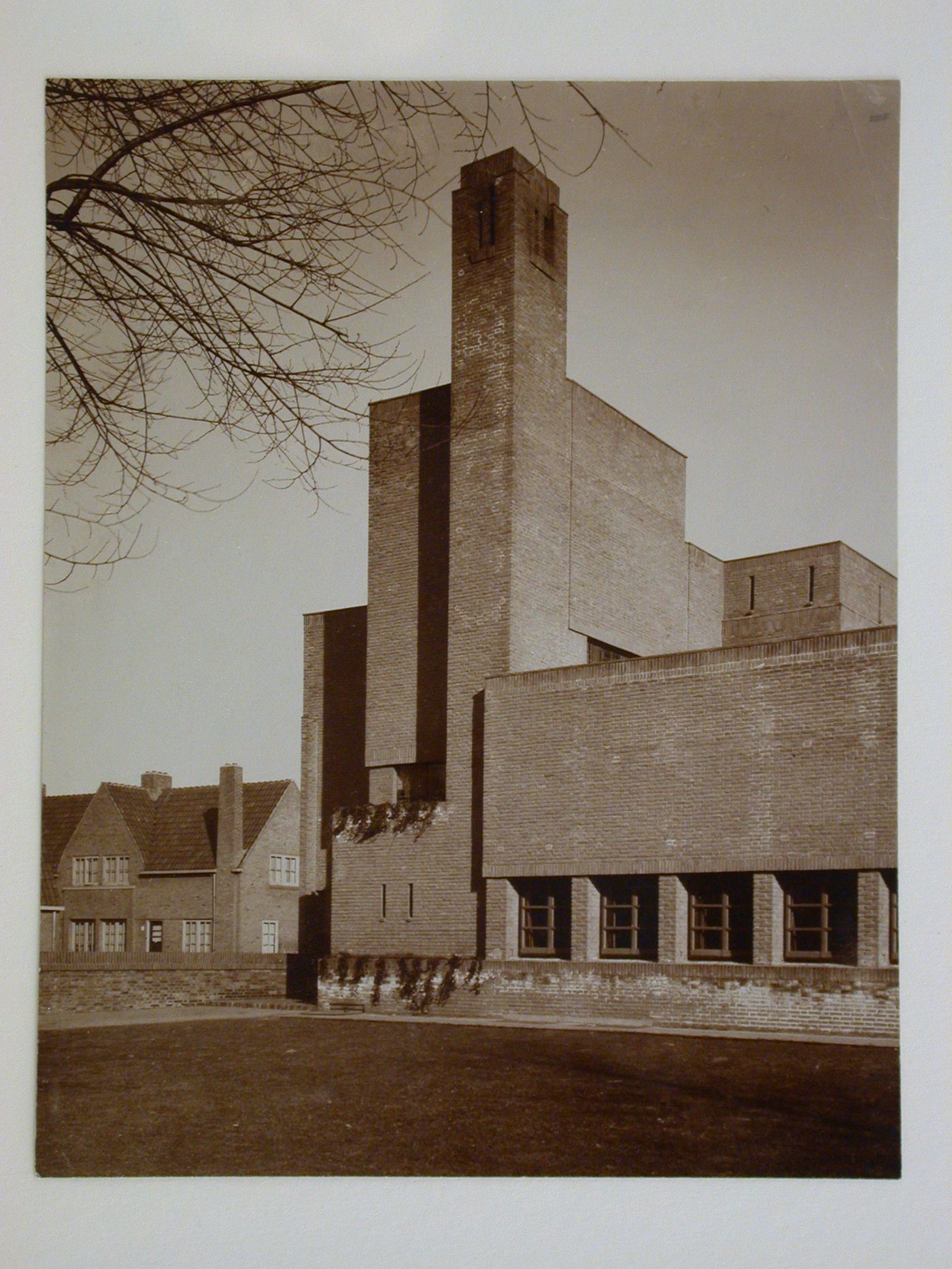 Exterior detail of tower, school, Hilversum, Netherlands