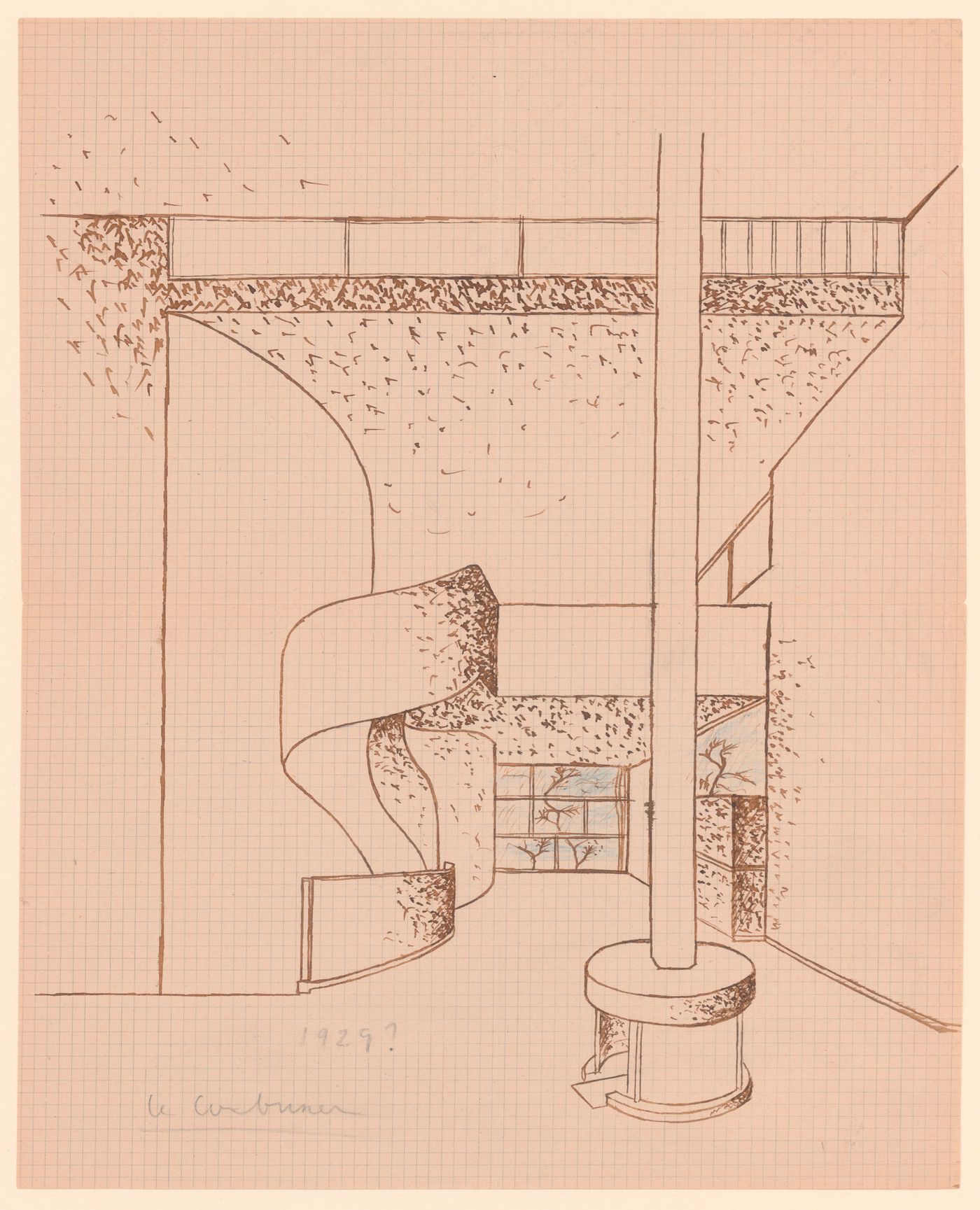 Copy after Le Corbusier, interior perspective view of the living and dining rooms of the Maison Caneel, also known as Maisonde M.X.