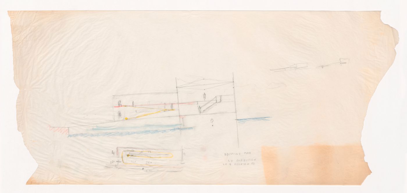 Sketch section, sketch elevations and sketch plan for an access ramp : Ahrenberg pavilion, Stockholm