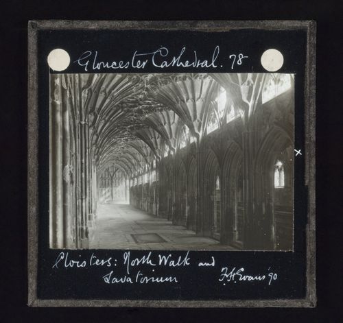 View of north walk and lavatorium of cloisters of Gloucester Cathedral, Gloucester, Gloucestershire, England