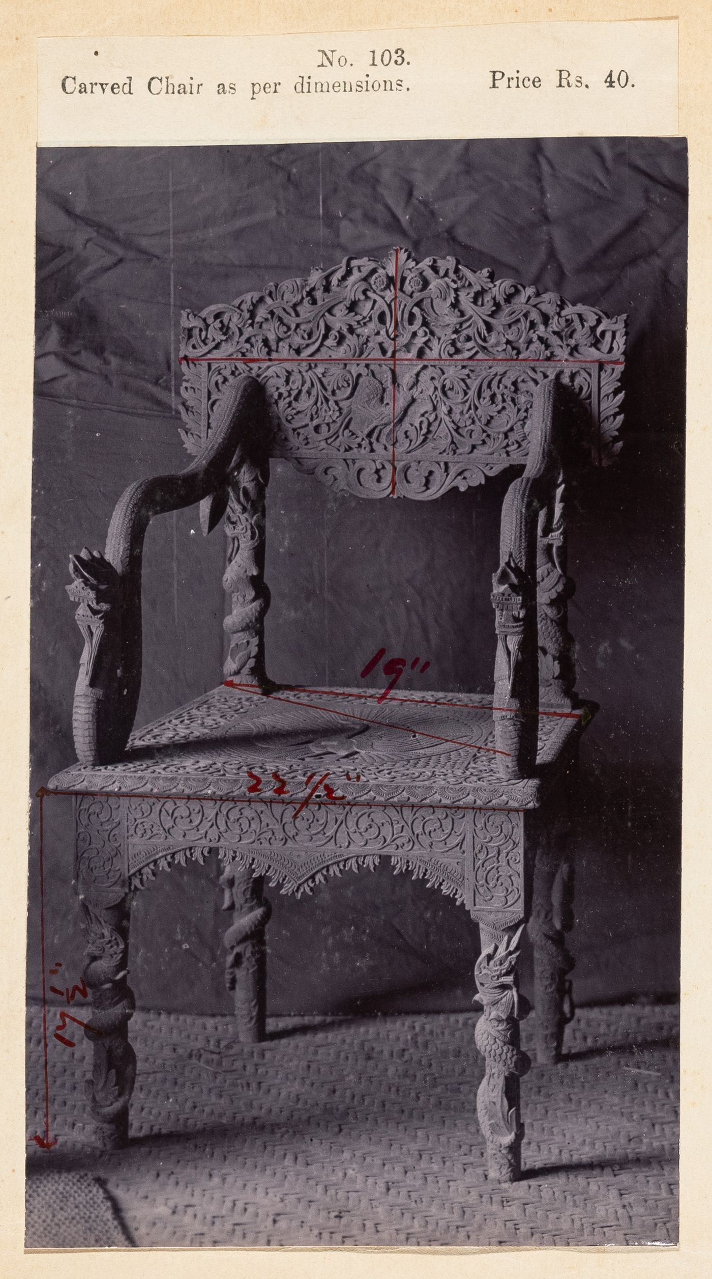 View of a chair, F. Beato Limited, C Road, Mandalay, Burma (now Myanmar)