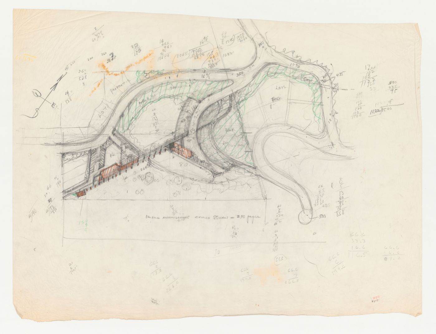 Swedenborg Memorial Chapel, El Cerrito, California: Sketch site plan showing roads, parking lot and planting