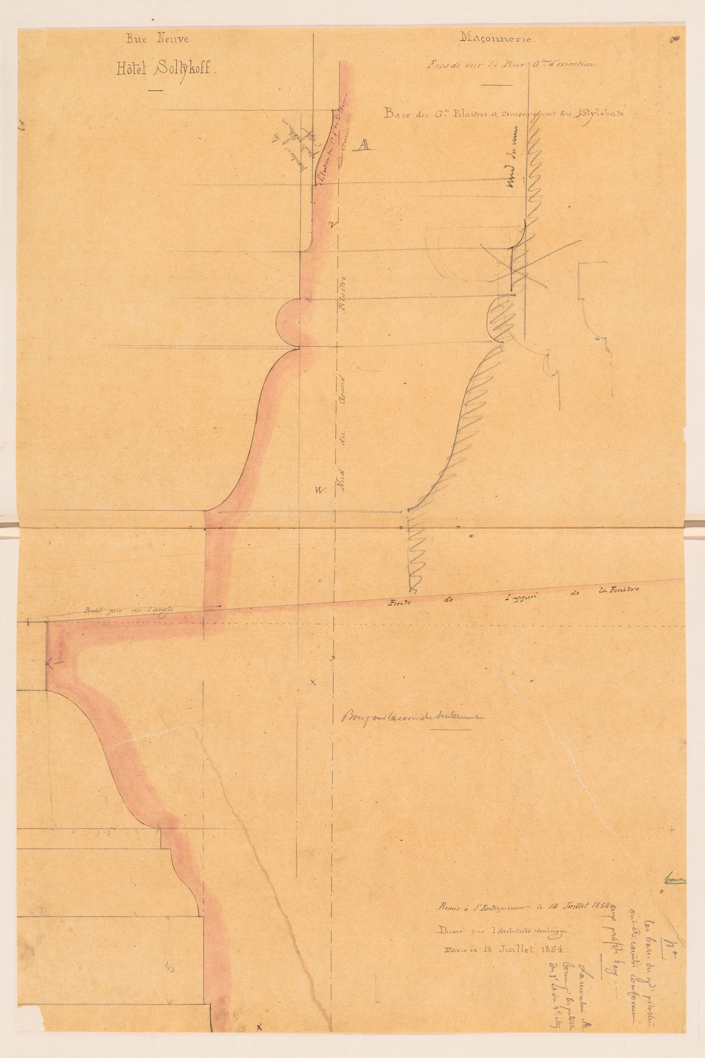 Full-scale profiles for the cornice of the "soubassement" and for the large pilasters for the first and second floors of the principal façade, Hôtel Soltykoff