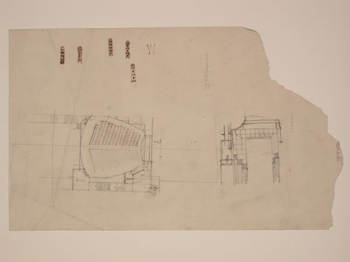 Sketch for the plan of an auditorium, with sketches for design details