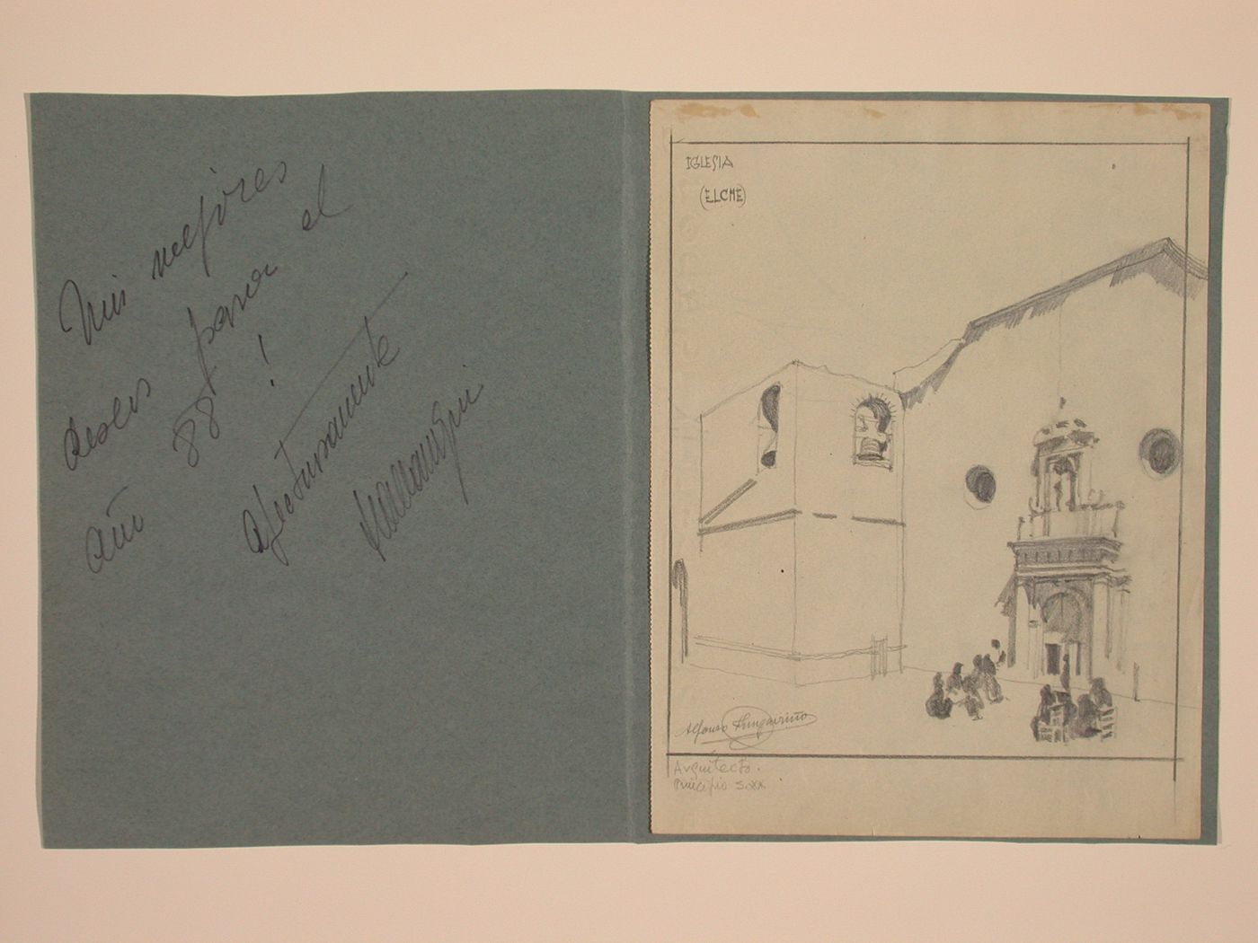 Greeting card with a sketch of the west façade of a church