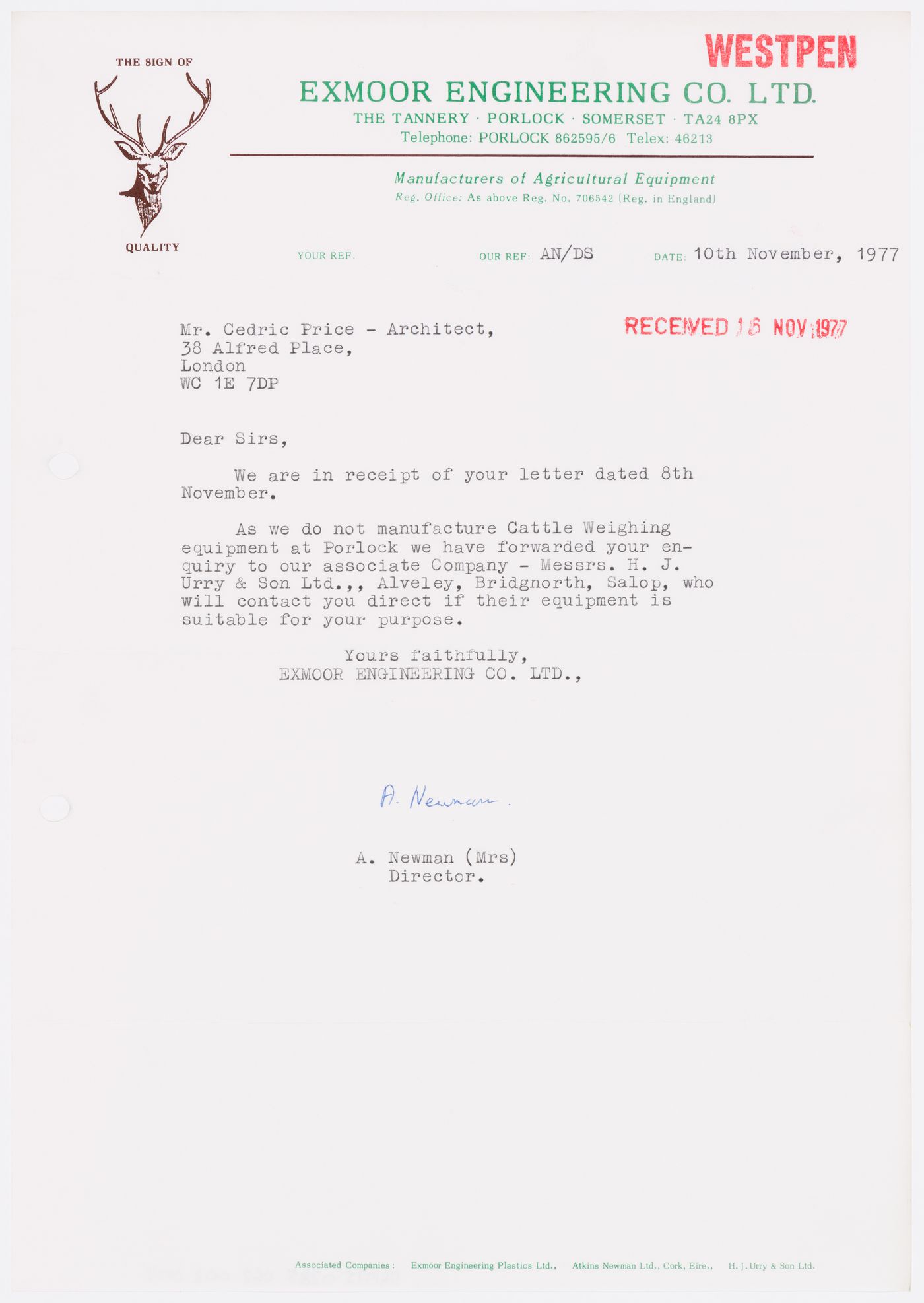 Letter to Cedric Price from Mrs. A. Newman, Director of Exmoor Engineering Co. Ltd.--from the project file "Westpen"