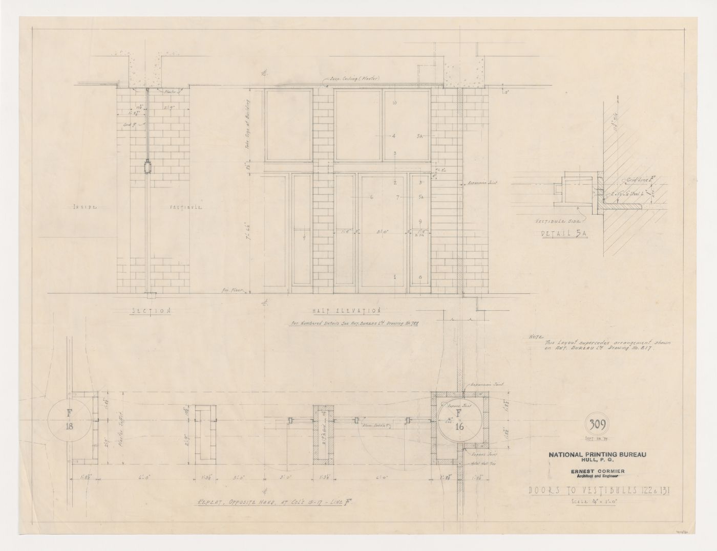 Coupes et détails des portes du vestibule, Imprimerie Nationale du Canada, Hull, Québec, Canada