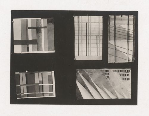 Photograph of student models by Shchurova and three unidentified students on the topic "Construction of Frontal Surface Based on Vertical, Horizontal and Inclined Combination of Two or More Rhythmical Rows" for the "Space" course at the Vkhutemas, Moscow