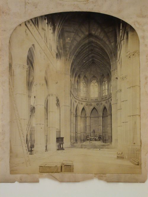 Interior view of the Church of St. Philip Neri (now the Cathedral of Our Lady and St. Philip Howard) under construction, looking from the nave towards the apse, Arundel, West Sussex, England