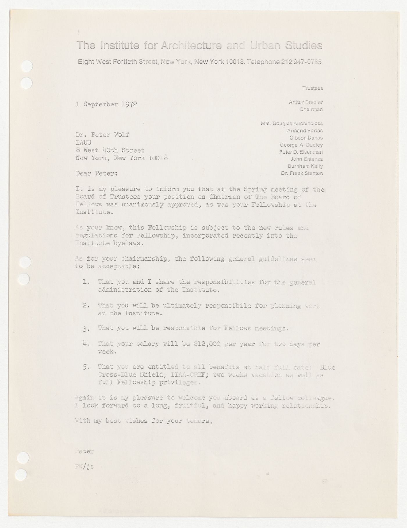 Letter from Peter D. Eisenman to Peter Wolf annoncing Wolf's nomination as Chairman of the Board of Fellows