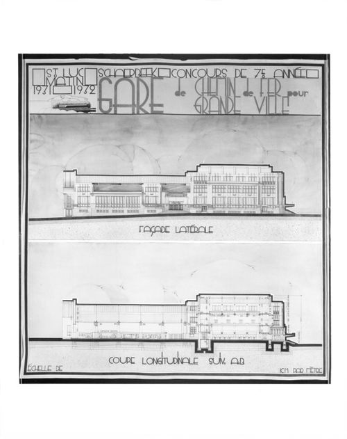 Gare de chemin de fer pour..'Facadelaterale..coupe longitu'