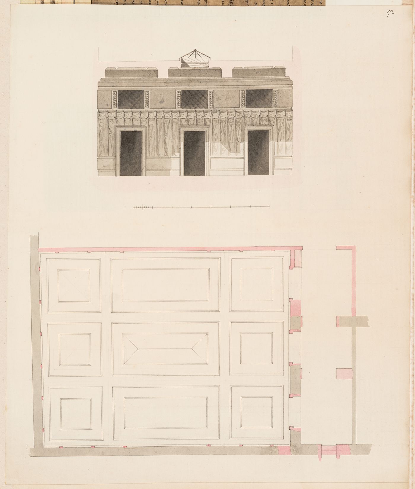 Project for the redevelopment of the École de médecine and surrounding area, Paris [?]: Cross section and reflected ceiling plan for a room for the Académie de médecine