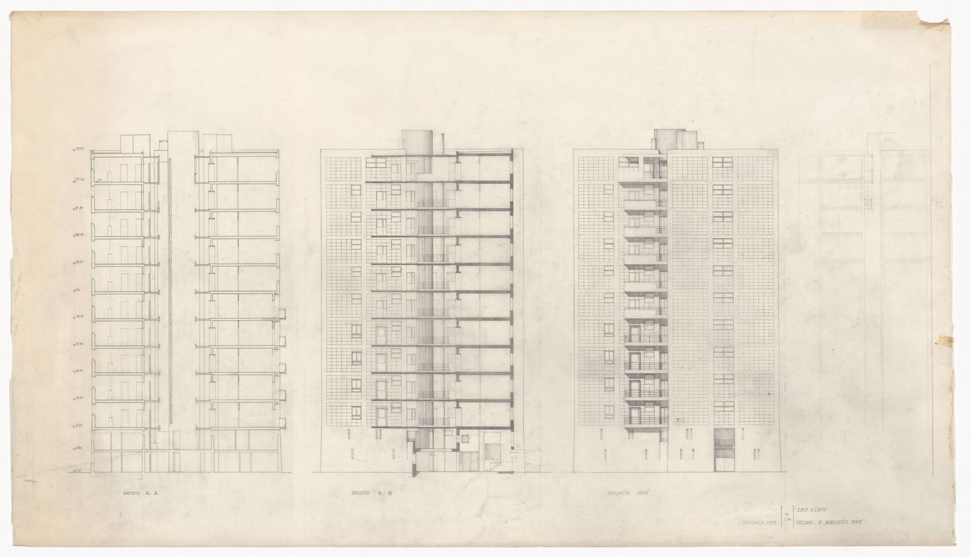 Section and north elevation for Casa a torre, Italy