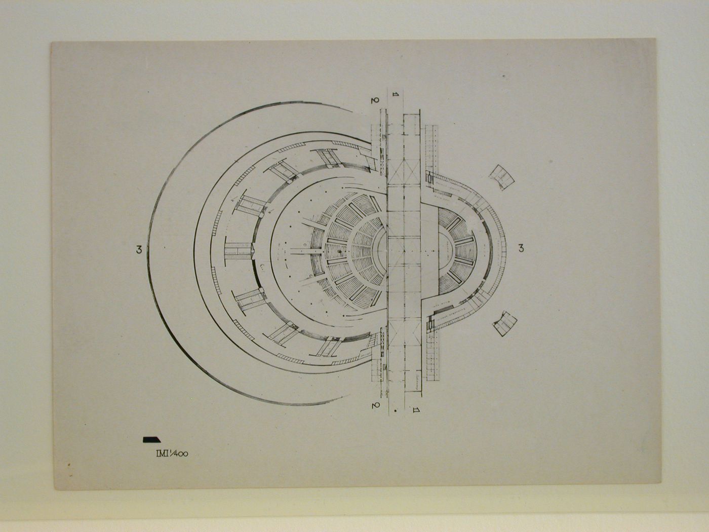 Photograph of plan for the first round of competition for a "synthetic theater" in Sverdlovsk, Soviet Union (now Ekaterinburg, Russia)