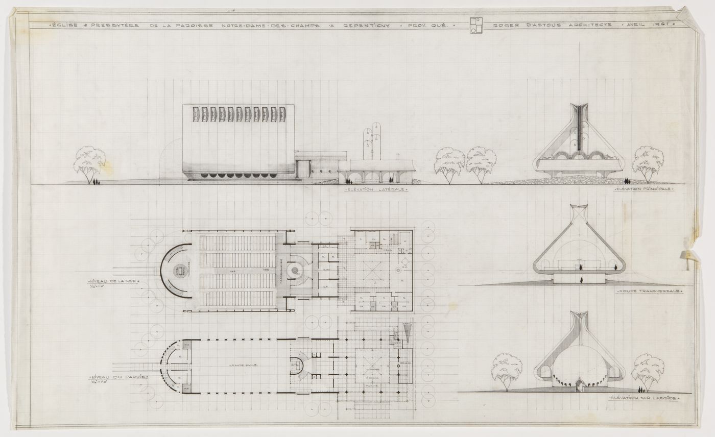 Élévations, plans d'étage et coupe, Église et presbytère pour la Paroisse Notre-Dame-des-Champs, Repentigny, Québec