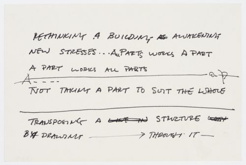 Rethinking a building awakening new stresses... All parts works a part a part works all parts / not taking a part to suit the whole / Transporting a structure by drawing through it