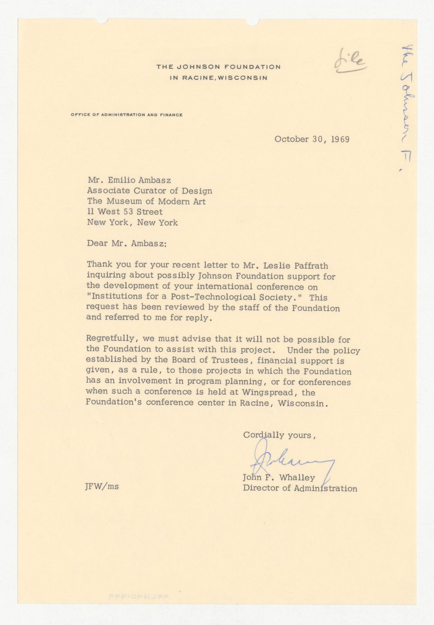 Letter from John F. Whalley to Emilio Ambasz responding to proposal for Institutions for a Post-Technological Society conference