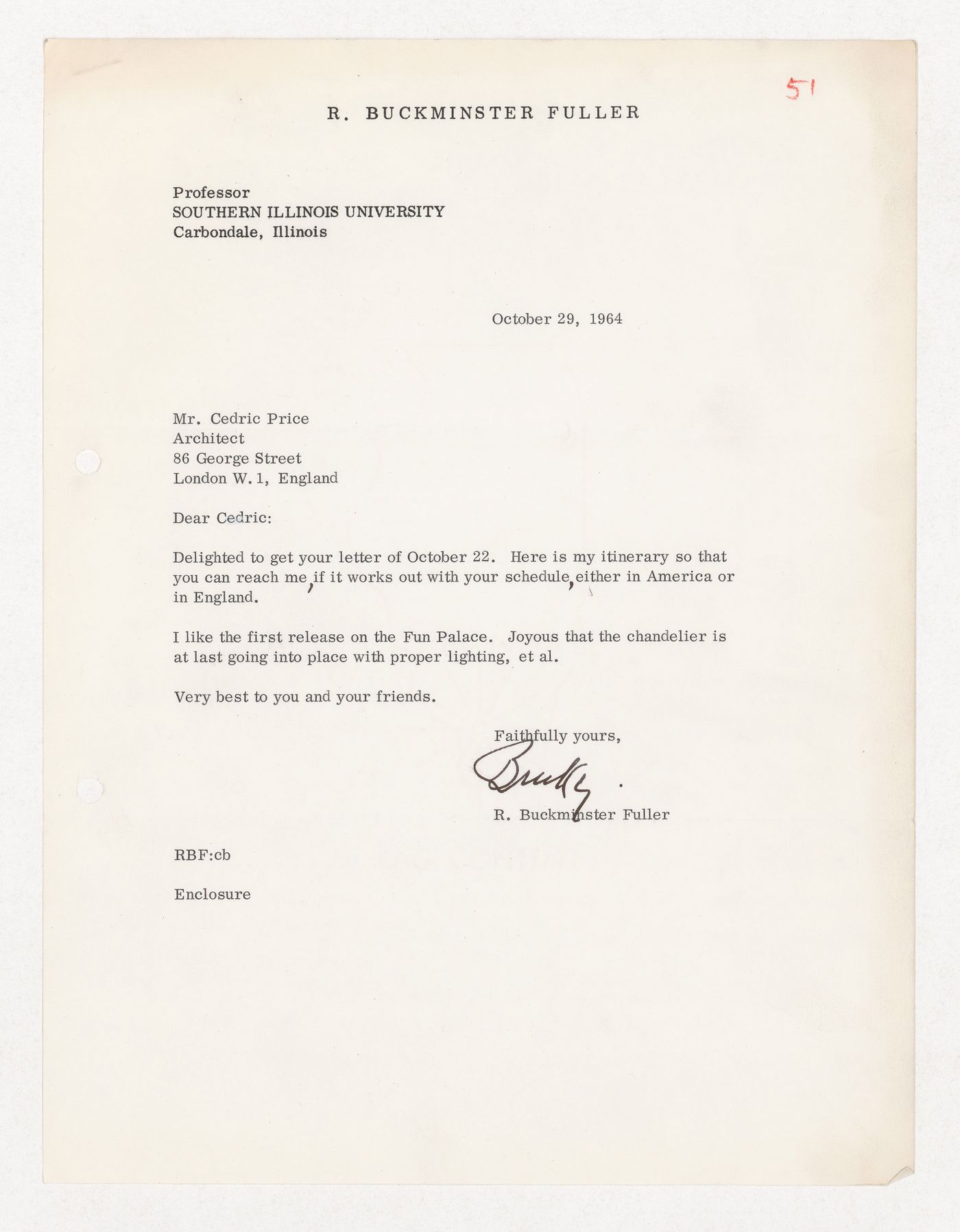 Letter from R. Buckminster Fuller to Cedric Price regarding meeting in either America or England