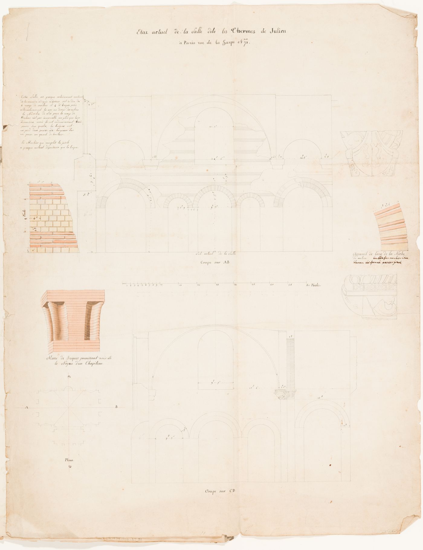 Plan, sections and construction details of the central chamber of the Thermes de Julien