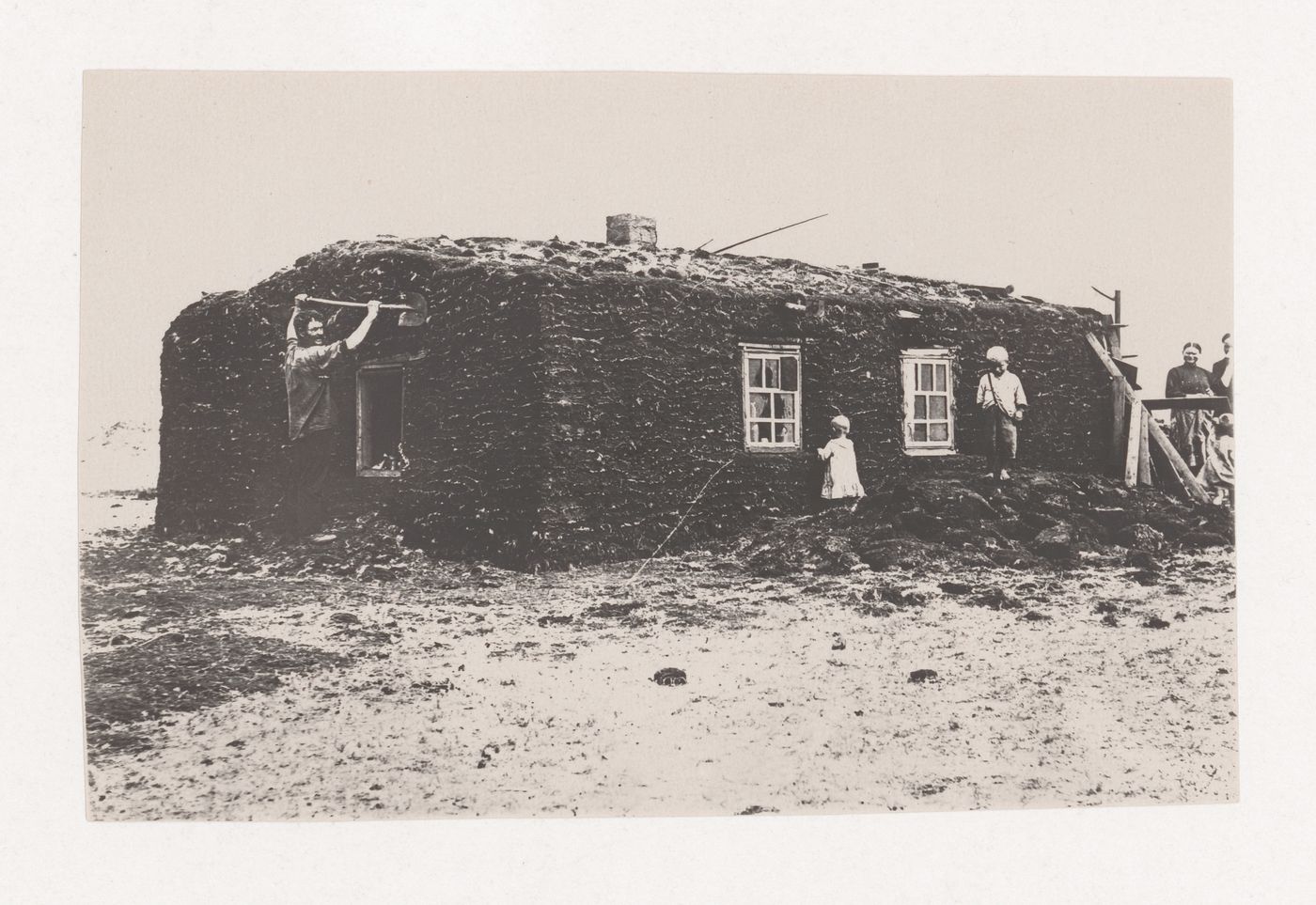 View of an earth-made house constructed by the first inhabitants of Magnitogorsk, Soviet Union (now in Russia)
