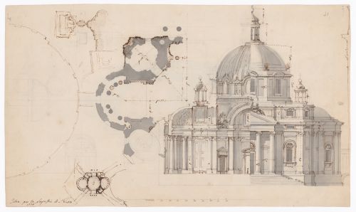 Partial plans, cross section, and elevation for the sacristy for Saint Peter's, Rome