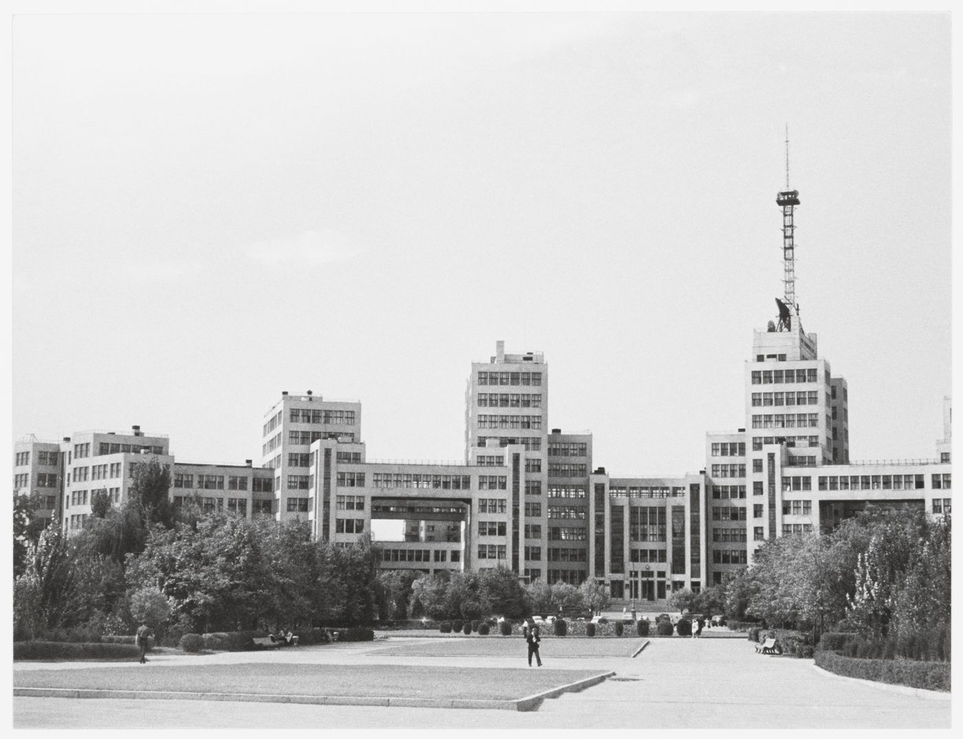Exterior view of Department of Industry and Planning (Gosprom) buildings from Dzerzhinskaya Square, Kharkov, Soviet Union (now in Ukraine)