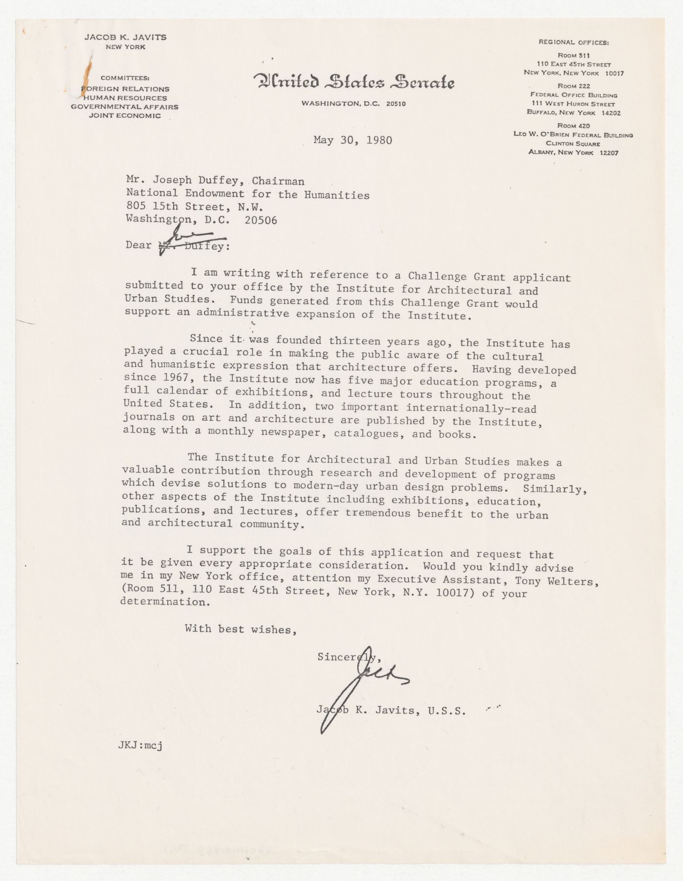 Letter from Jacob K. Javits to Joseph Duffey about Challenge Grant application with attached memorandum from Joan Silverman dated June 11th, 1980