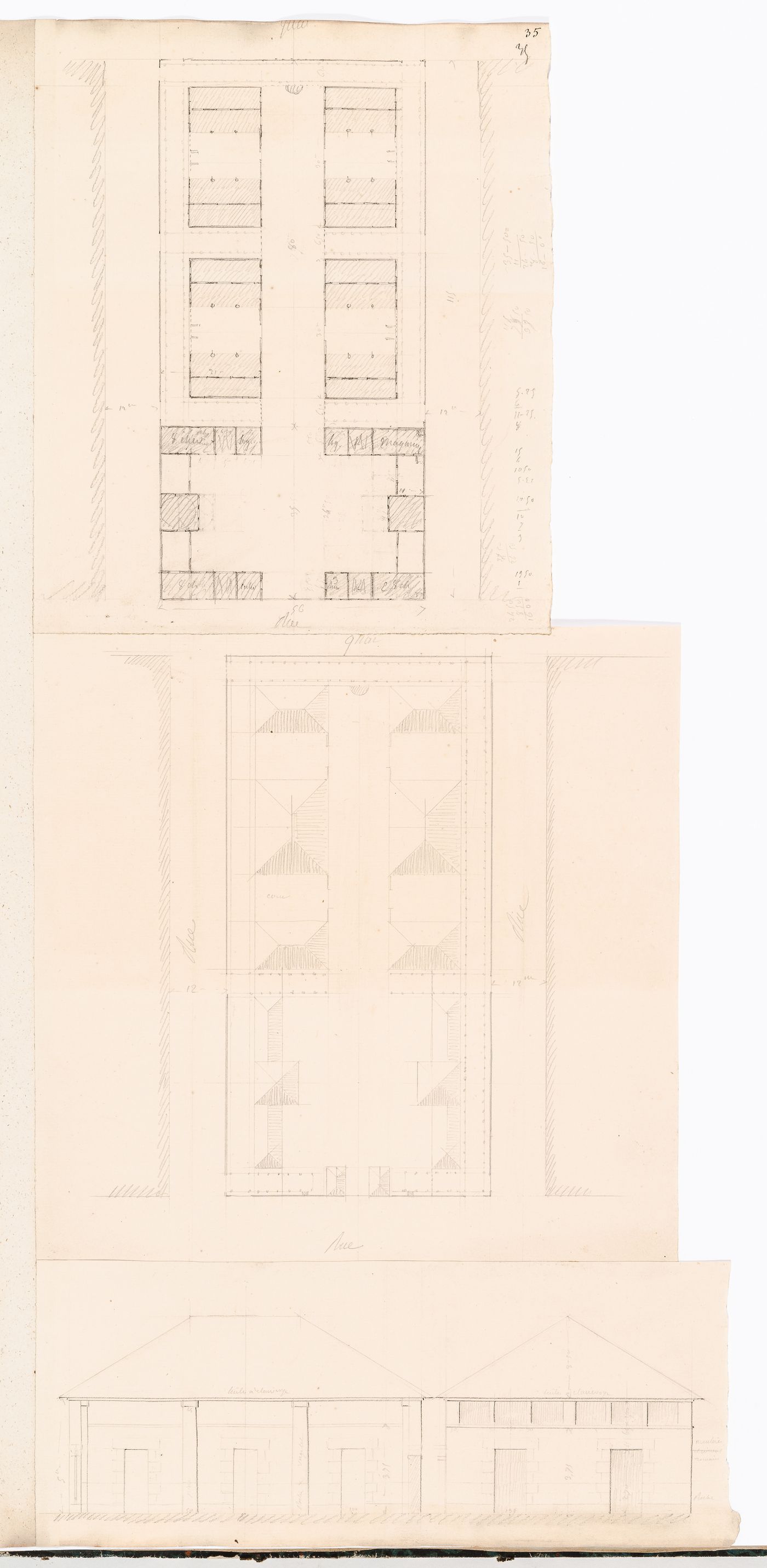 Project for a horse slaughterhouse, Plaine de Grenelle: Elevations for two unidentified buildings