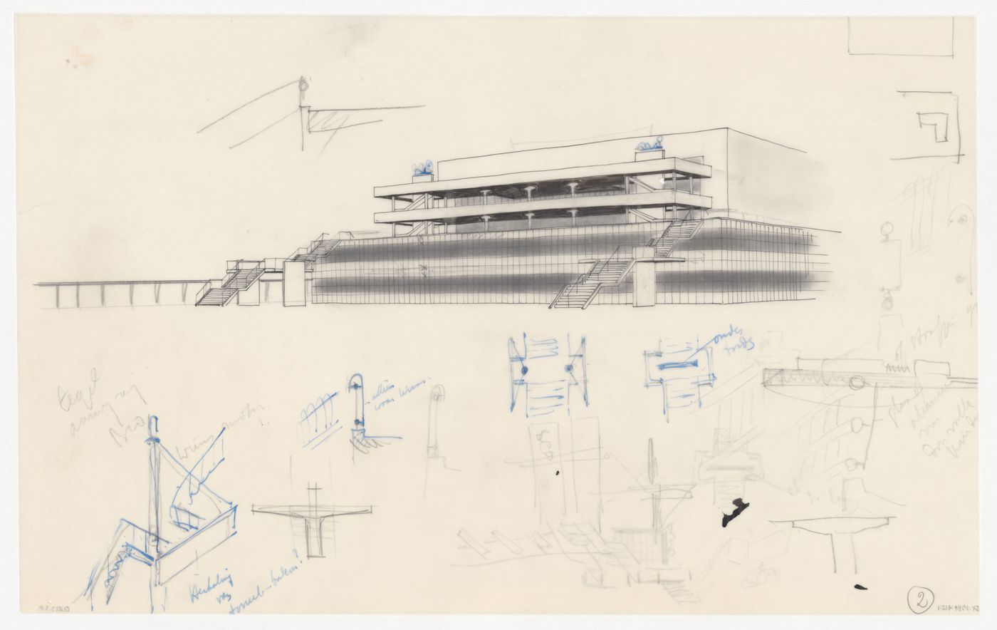 South perspective and sectional details for stairs for the Congress Hall Complex, The Hague, Netherlands