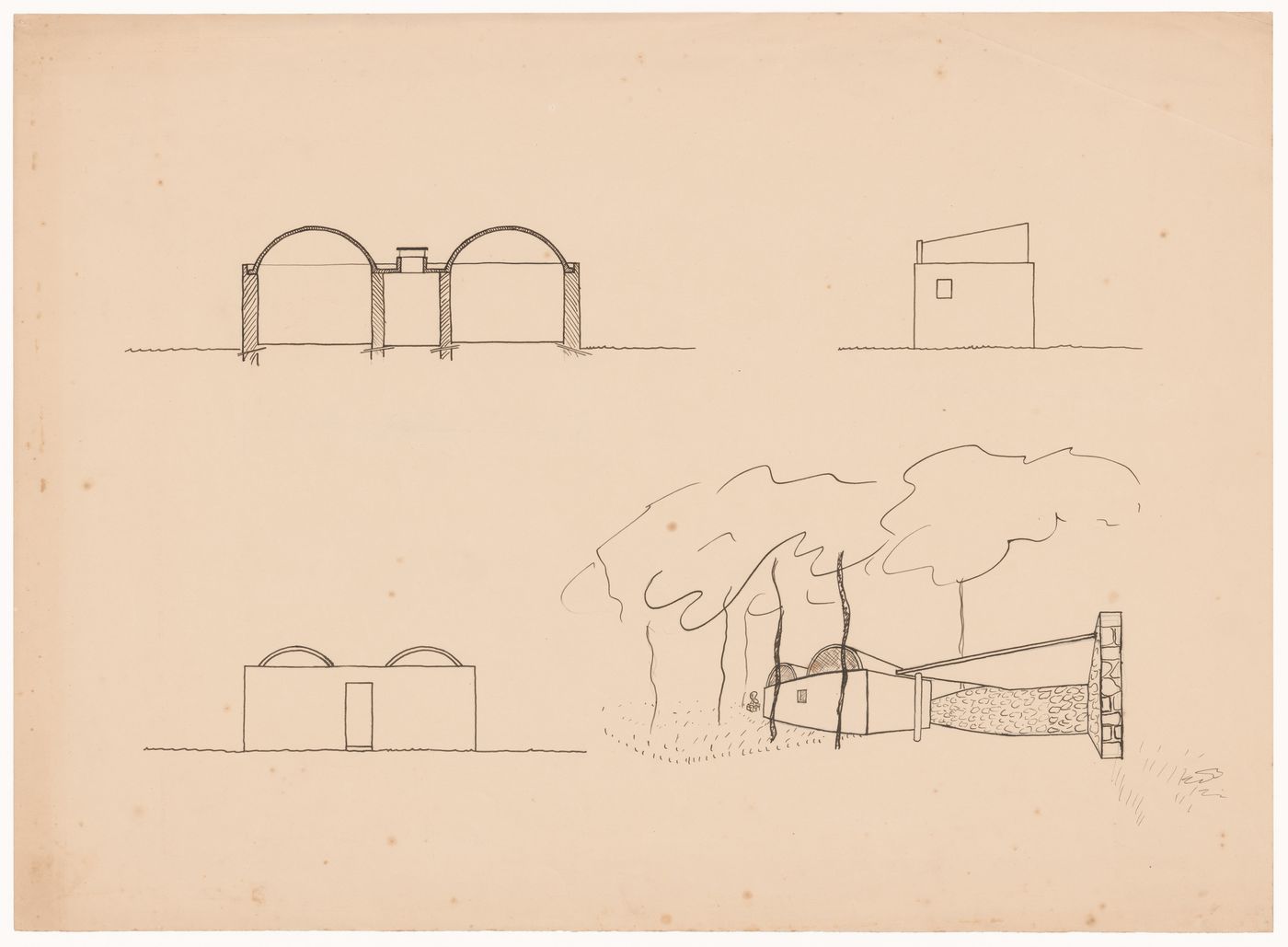 Sketches of service pavilion for Casa sobre el arroyo, Mar del Plata, Argentina