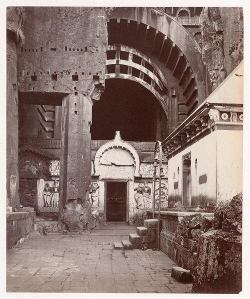 View of the entrance to the chaitya (also known as Cave 8) showing male and female figures in relief, Karli, India