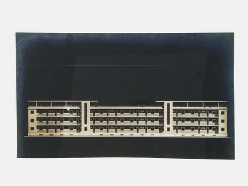 Photograph of a rear elevation for housing for the workers of the Yerevan hydro-electric power station (ErGES), Karmir Banaki Street, Yerevan, Soviet Union (now in Armenia)