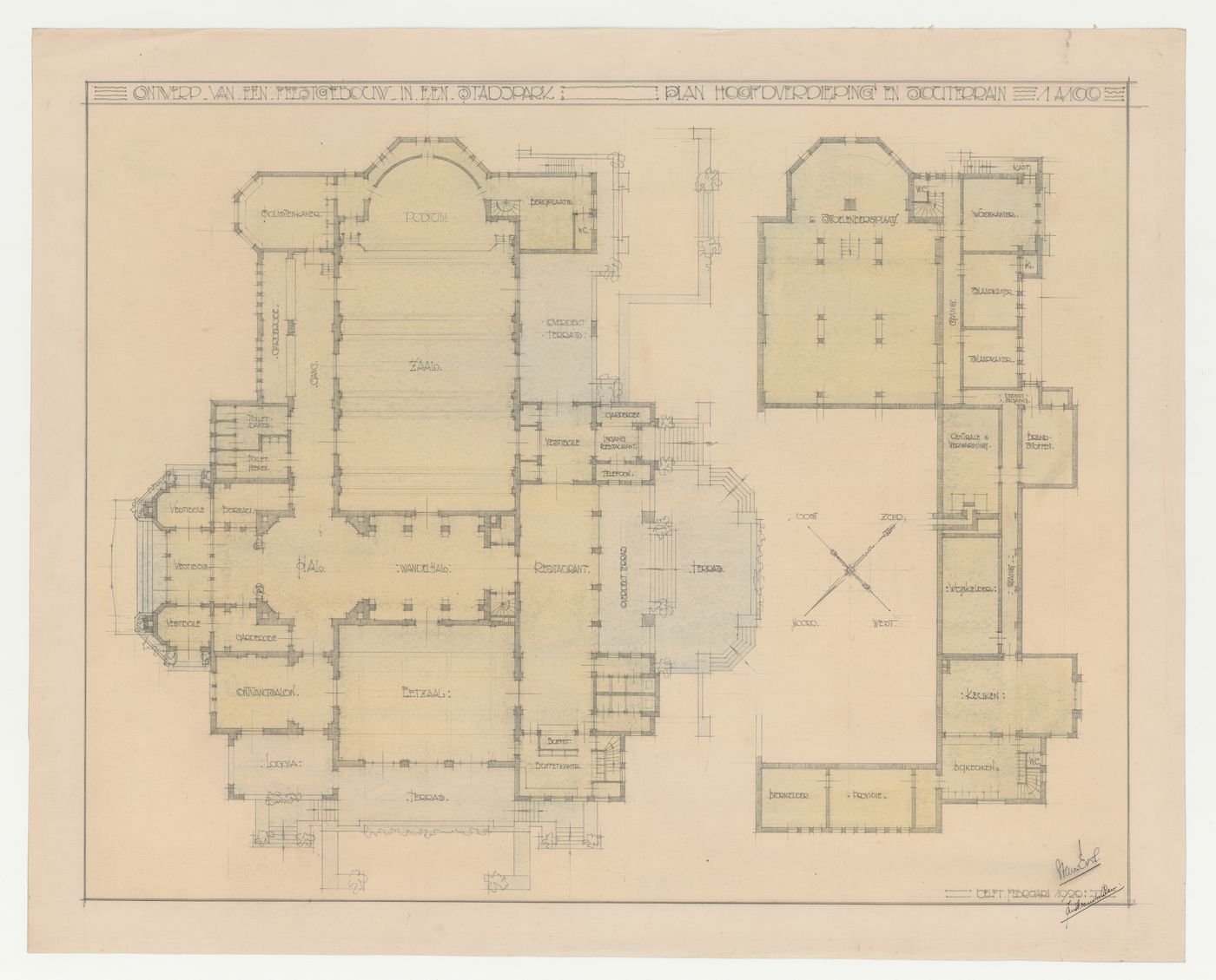 Student presentation drawing showing a basement and main floor plan for a dance hall in a municipal park, Technische Hogeschool Delft, Netherlands