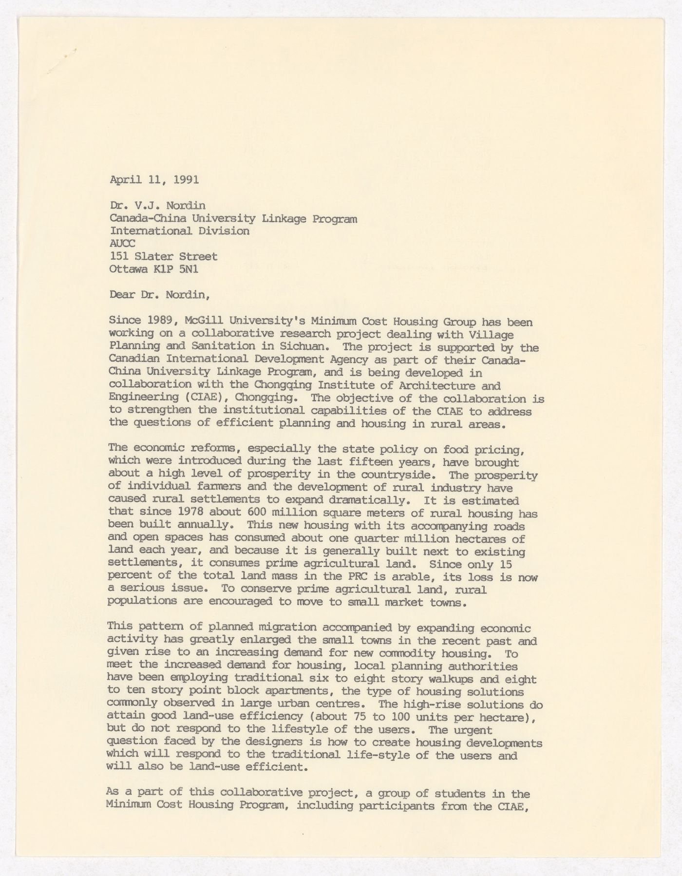 Letter from Vikram Bhatt to Dr V.J. Nordin of Canada-China University Linkage Program of the Association of Universities & Colleges in Canada (AUCC) about support for the Sichuan housing project in China