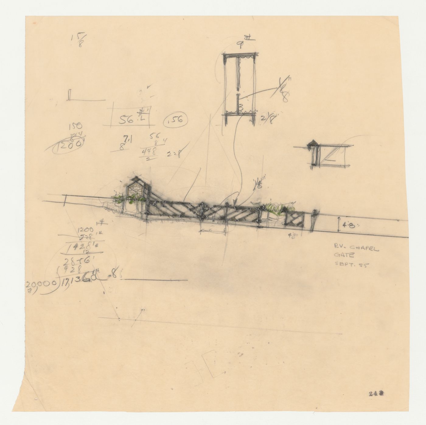 Wayfarers' Chapel, Palos Verdes, California: Sketch elevation for the entrance gate and sign, with two sketches, probably for gate components