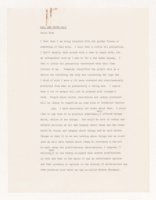 Essay titled "Wall and Super Wall" by Colin Rowe