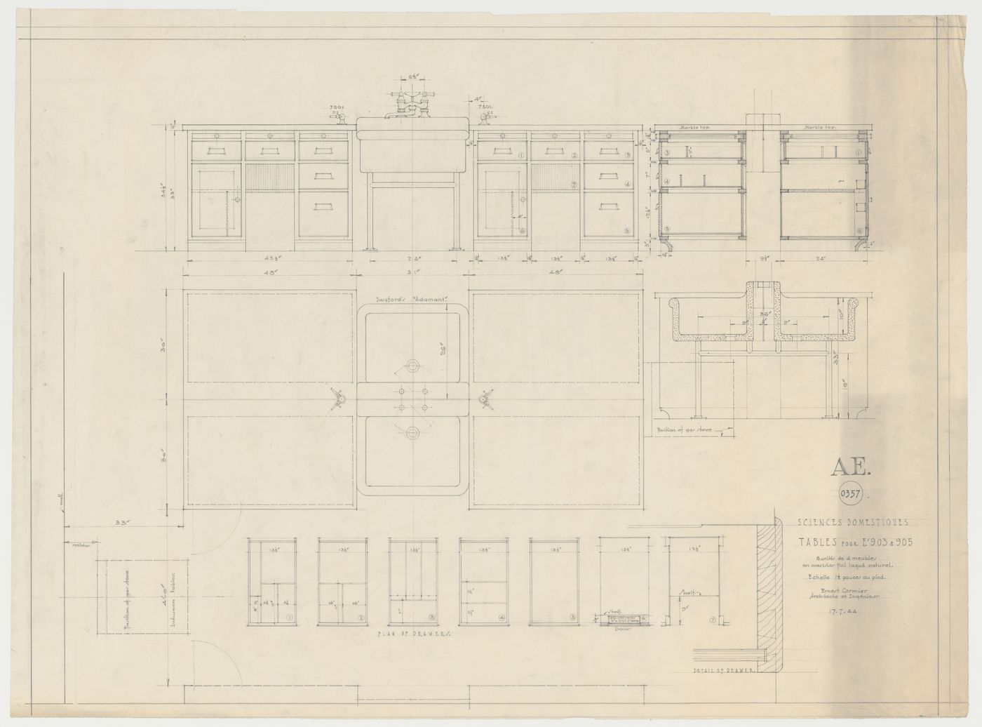 Détails des tables pour le département des sciences domestiques, Pavillon principal et campus, Université de Montréal, Montréal, Canada (1924-1947)