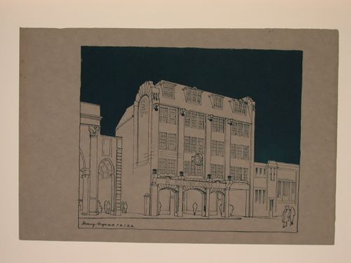 Perspectival view showing street façade of Electric House, Battersea Borough