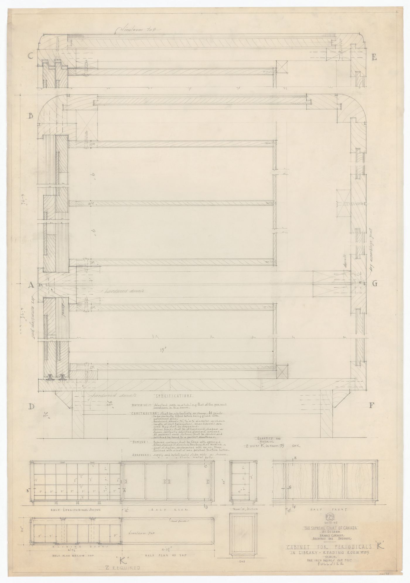 Plans, élévations, coupes et détails de l'armoire à périodiques "K" pour Cour suprême du Canada, Ottawa, Ontario