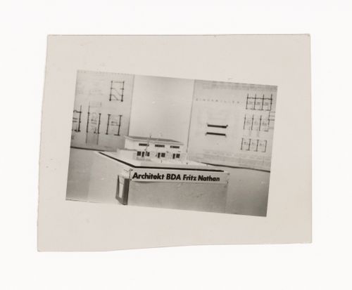 View of small-scale model and plans of unidentified house by BDA architect Fritz Nathan