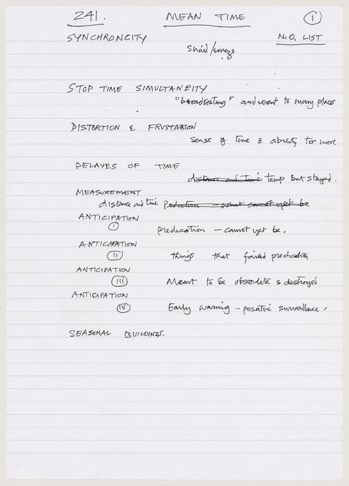 List of concepts related to the concept of time, compiled in the context of preparing the exhibition "Cedric Price: Mean Time" at the Canadian Centre for Architecture (document from Mean project records)