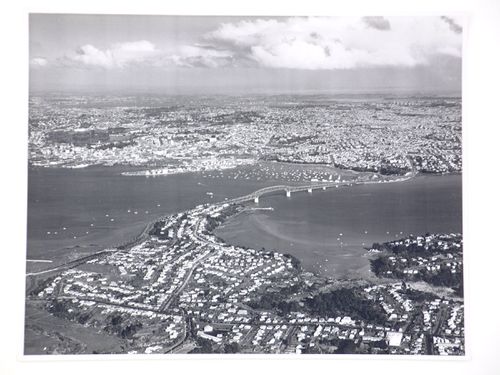Aerial view of the Auckland Harbour Bridge, over the Waitematā Harbour, Auckland, New Zealand