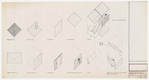 Fun Palace: axonometrics showing basic range of components within standard cubes for pilot project, Camden Town