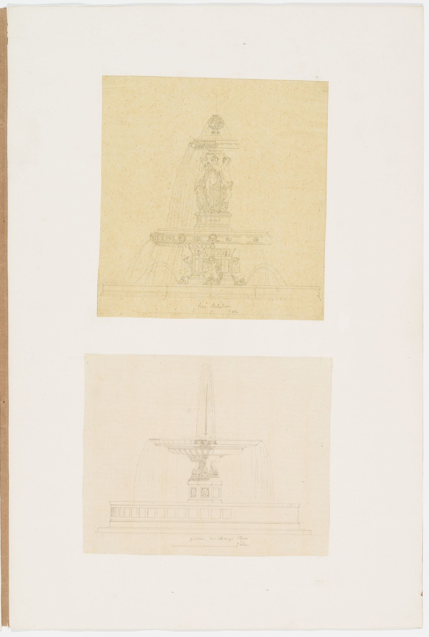 Exterior elevation of the Fontaine Louvois, Paris, showing three of the four female statues personifying the main rivers of France: la Seine, la Garonne, and le Rhone or la Saone; Exterior elevation of the Fontaine des Champs-Élysées, Paris